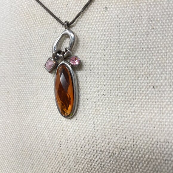Lia Sophia Medley‎ Pendant Necklace Orange Pink Gems Silver-Tone Chain - Picture 5 of 9